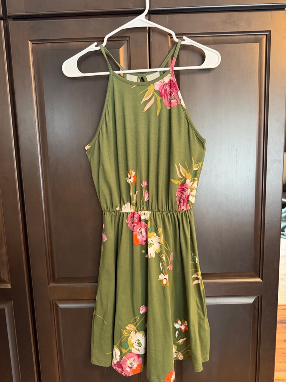 French Grey Olive Green Floral Halter Dress with Pink Rose Print